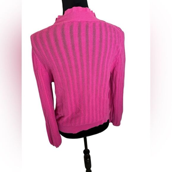 J.CREW BUBBLEGUM BARBIE PINK RUFFLE MOCK-NECK OPEN KNIT SWEATER SIZE LARGE - Picture 9 of 11